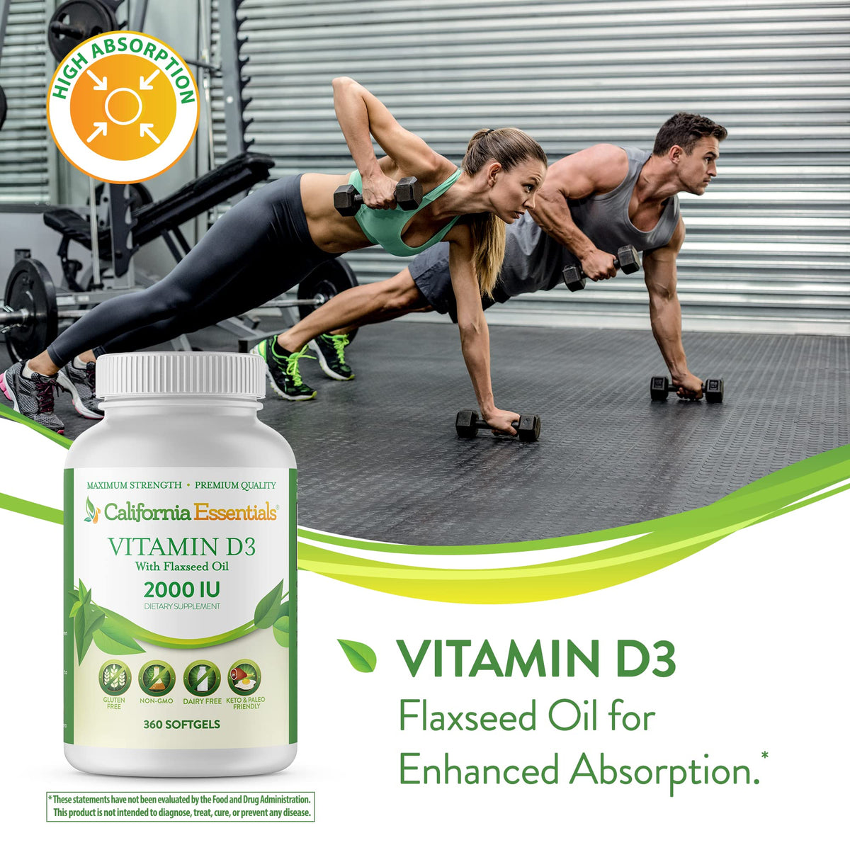 California Essentials Vitamin D3 2000 IU Softgels with Flaxseed Oil - Immune & Bone Support