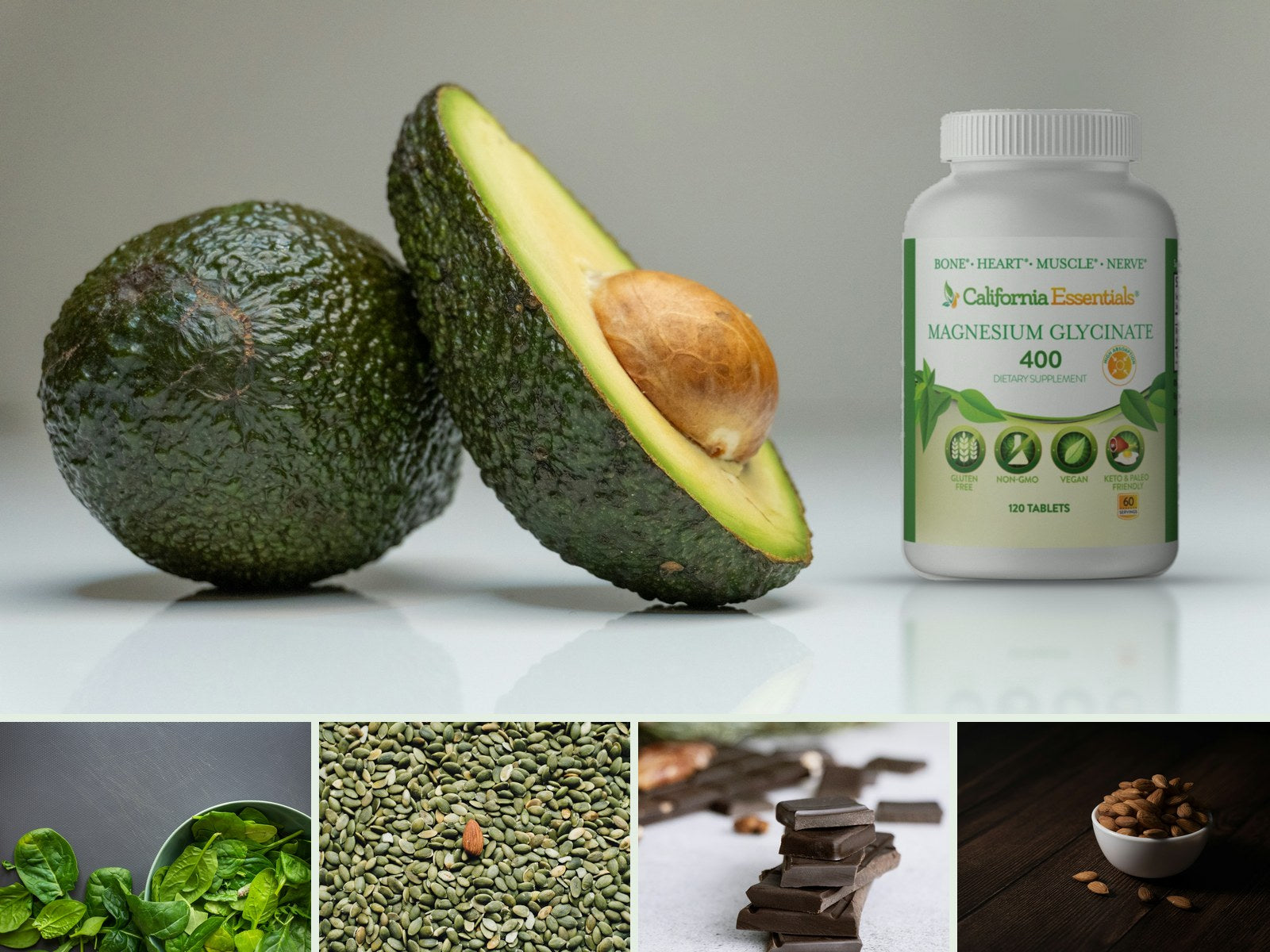California Essentials Magnesium Glycinate 400 mg, 120 tablets, with magnesium-rich foods