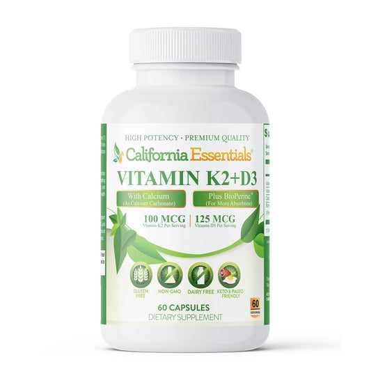 California Essentials Vitamin K2 + D3 with Calcium plus BioPerine 60 Capsules - front of bottle