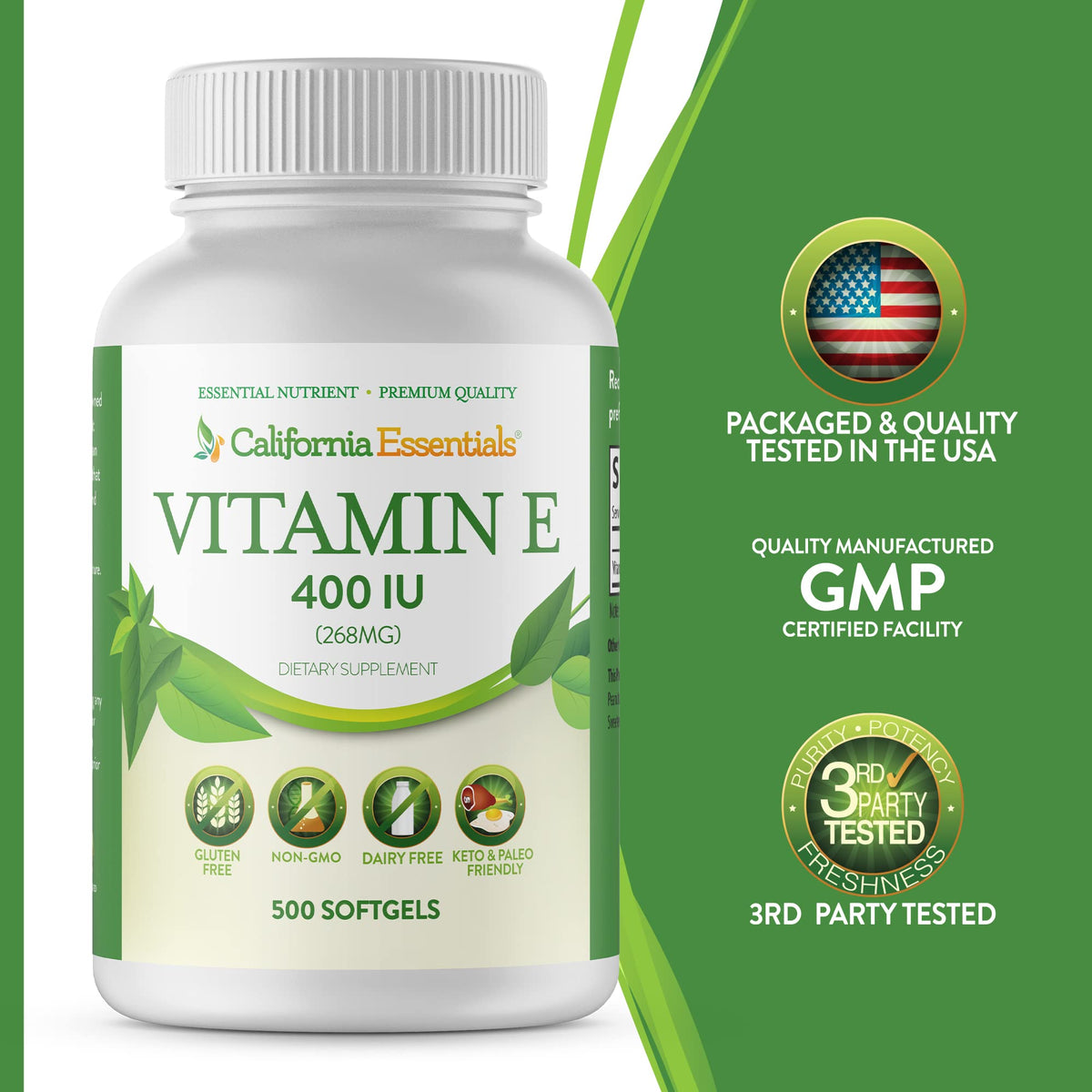 California Essentials Vitamin E 400 IU (268mg) Softgels - Gluten Free, Non-GMO