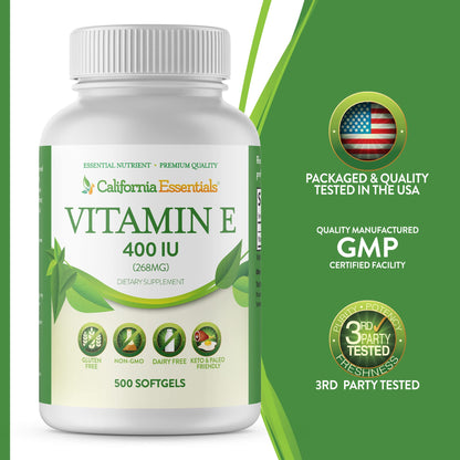 California Essentials Vitamin E 400 IU (268mg) Softgels - Gluten Free, Non-GMO