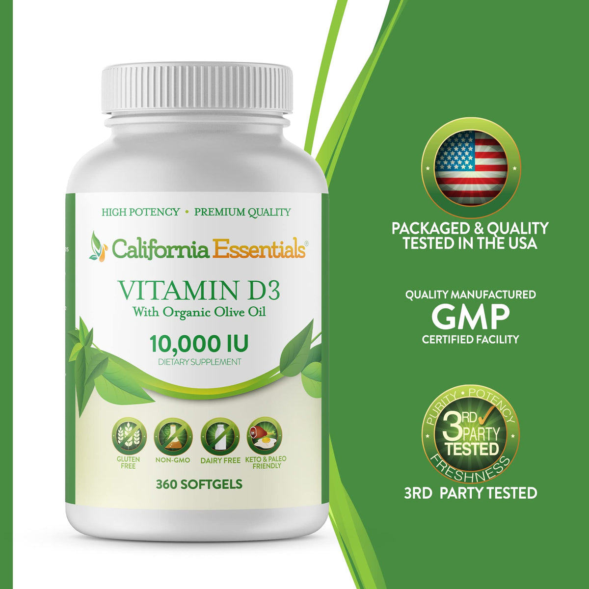 California Essentials Vitamin D3 10000 IU Softgels with Organic Olive Oil - Immune & Bone Support
