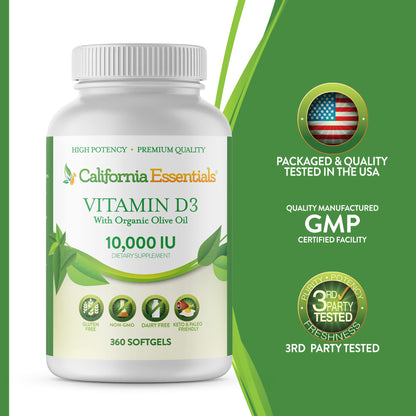 California Essentials Vitamin D3 10000 IU Softgels with Organic Olive Oil - Immune & Bone Support