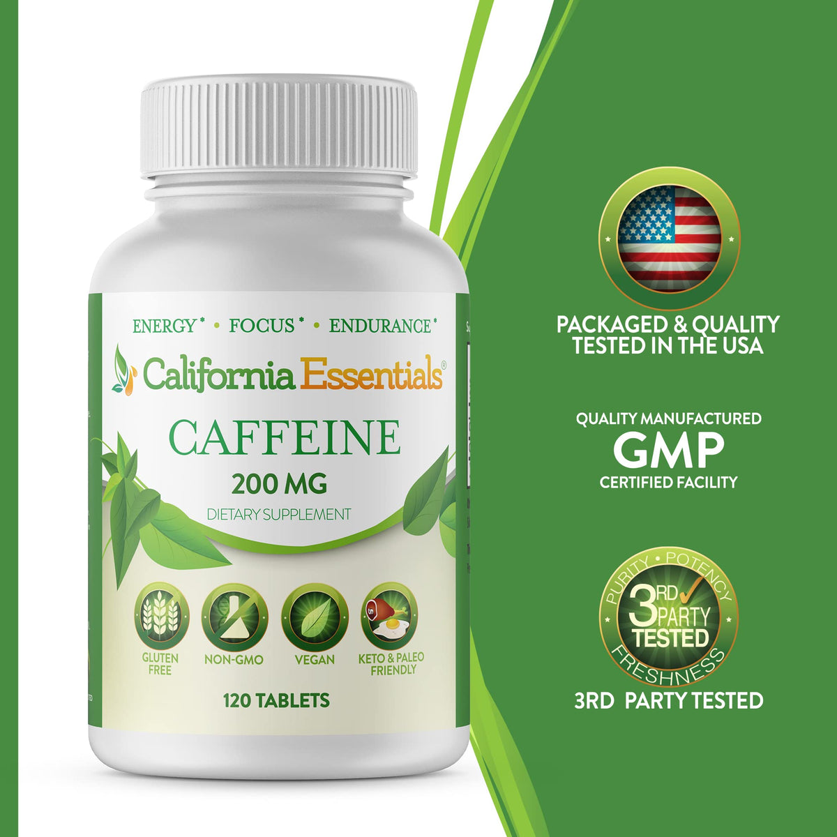 California Essentials Caffeine Pills 200mg Tablets - Energy, Focus & Endurance Support