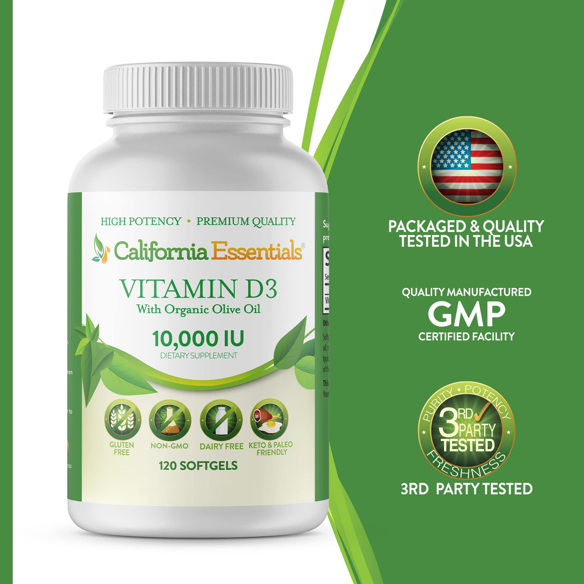 California Essentials Vitamin D3 10000 IU Softgels with Organic Olive Oil - Immune & Bone Support