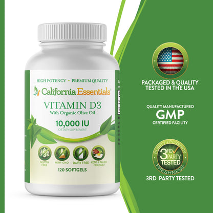 California Essentials Vitamin D3 10000 IU Softgels with Organic Olive Oil - Immune & Bone Support