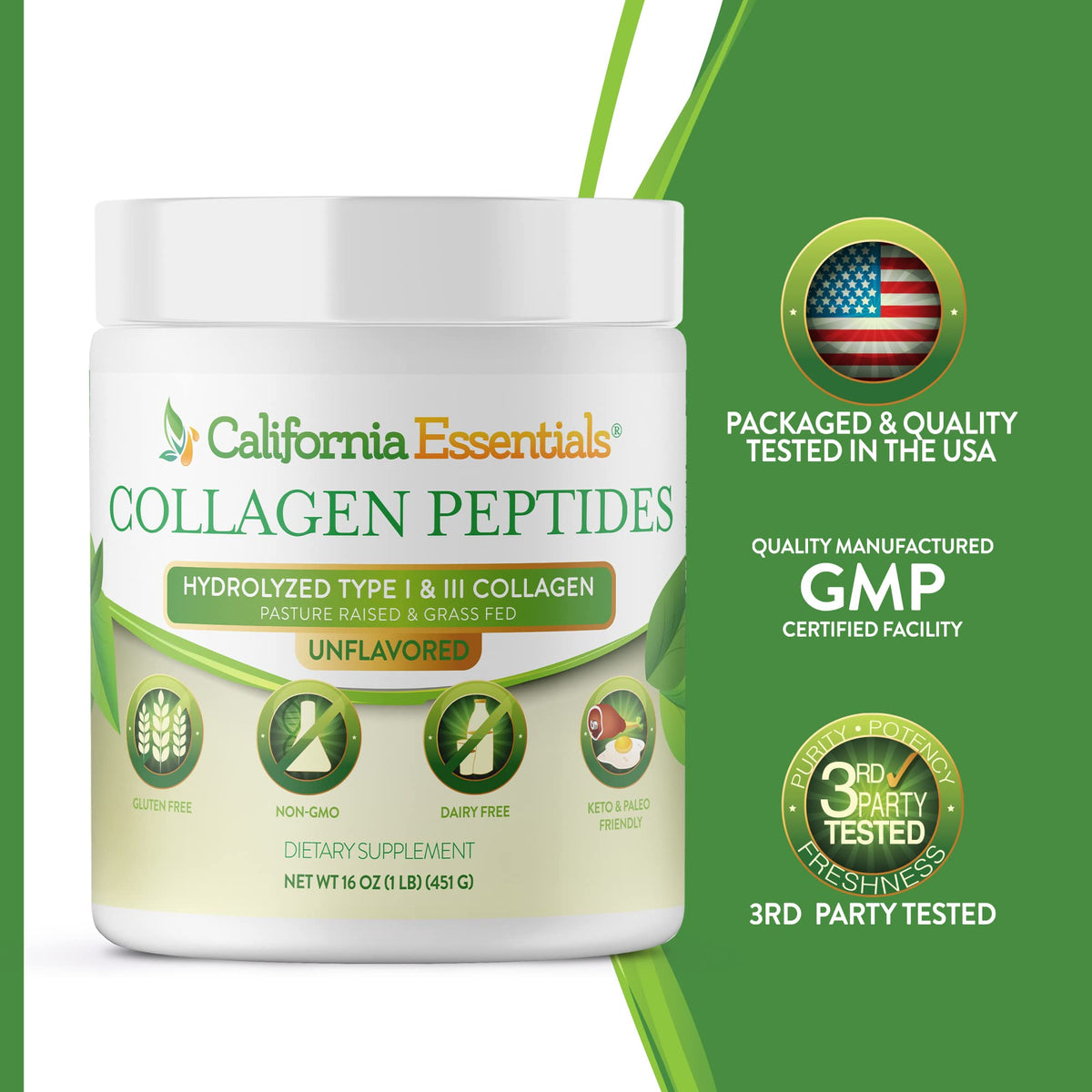 California Essentials Collagen Peptides Powder 16 oz - Hydrolyzed Type I & III, Grass-Fed, Unflavored