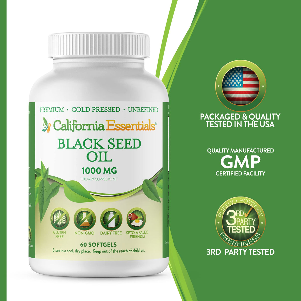 California Essentials Black Seed Oil 1000mg Softgels - Cold Pressed Nigella Sativa - Antioxidant & Immune Support