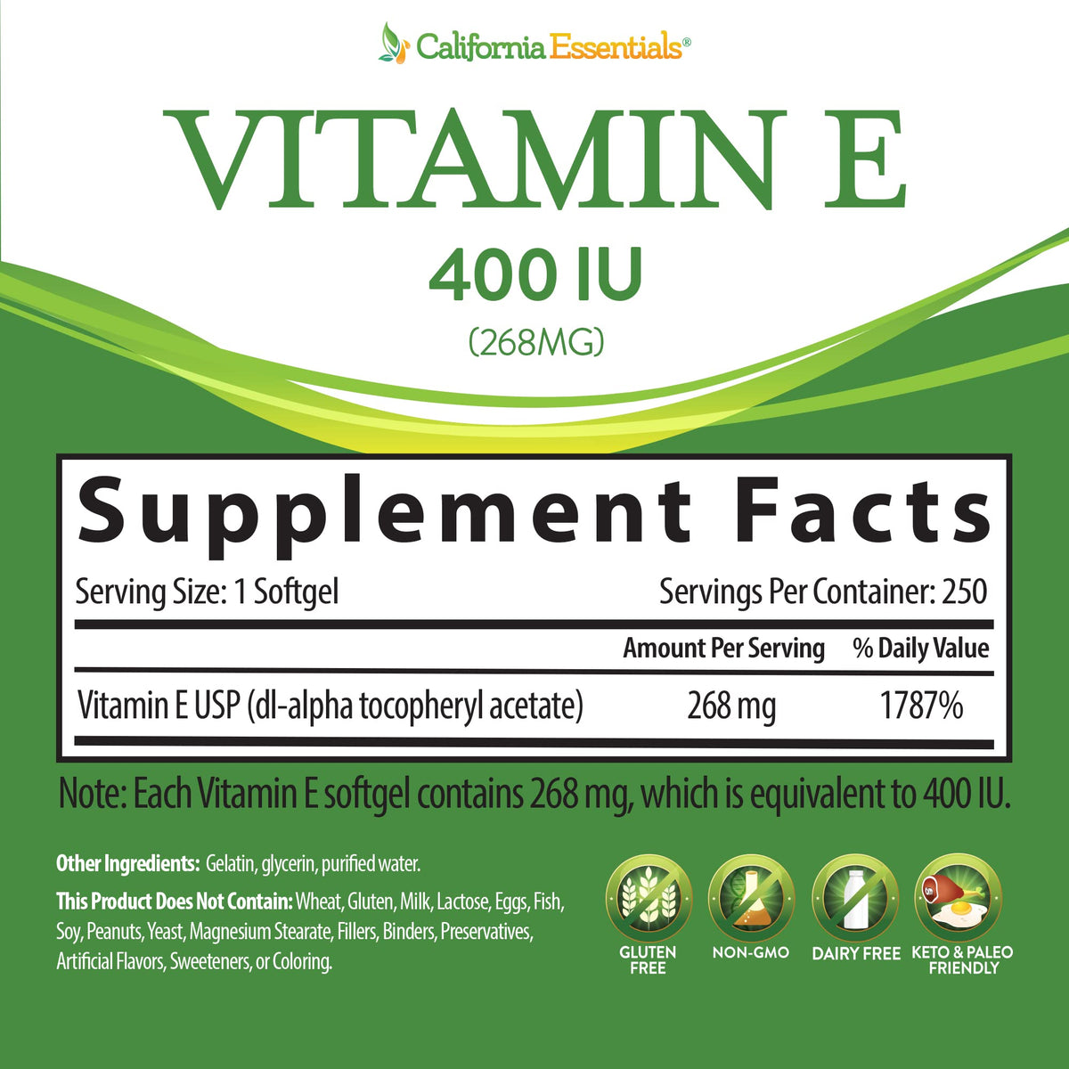 California Essentials Vitamin E 400 IU (268mg) Softgels - Gluten Free, Non-GMO