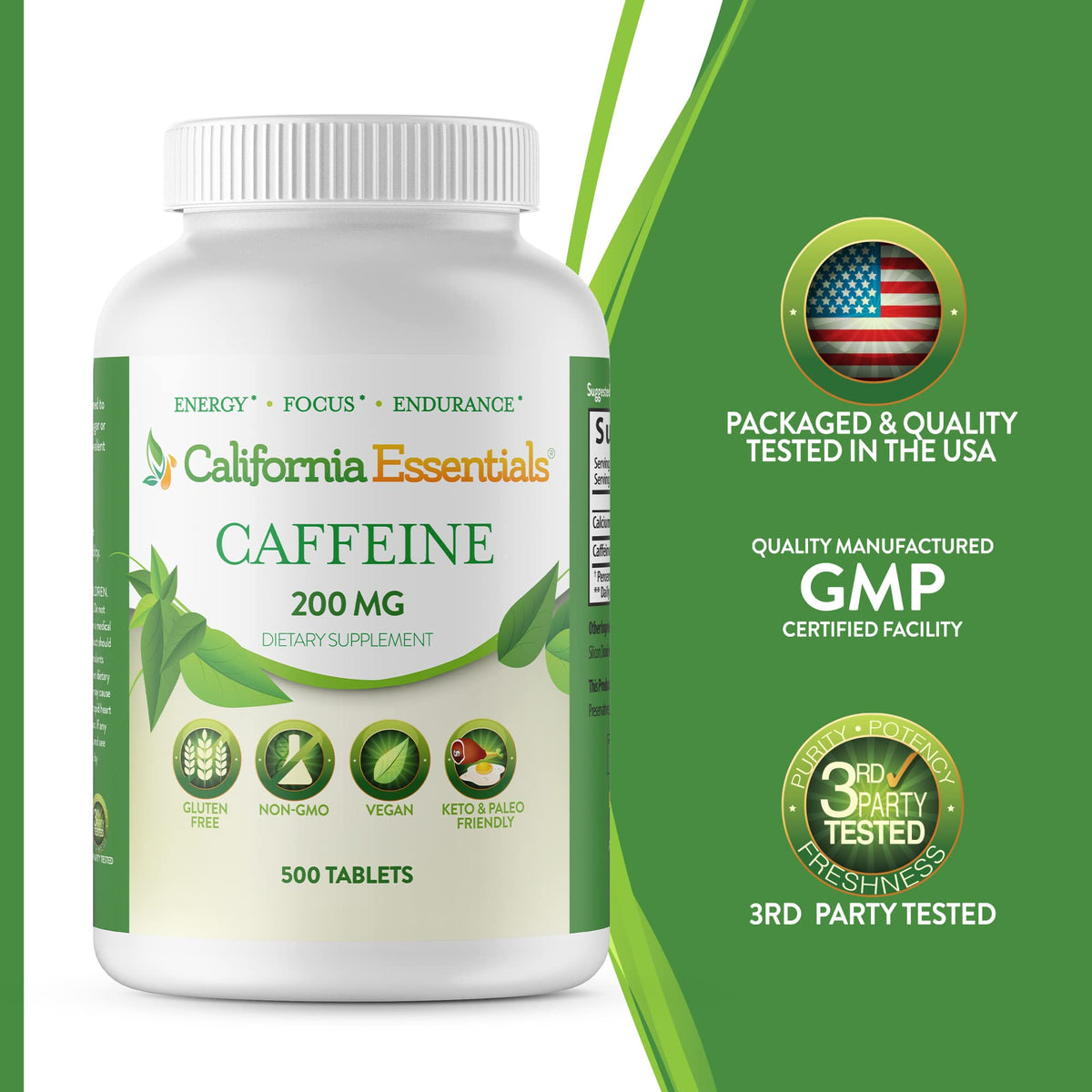 California Essentials Caffeine Pills 200mg Tablets - Energy, Focus & Endurance Support