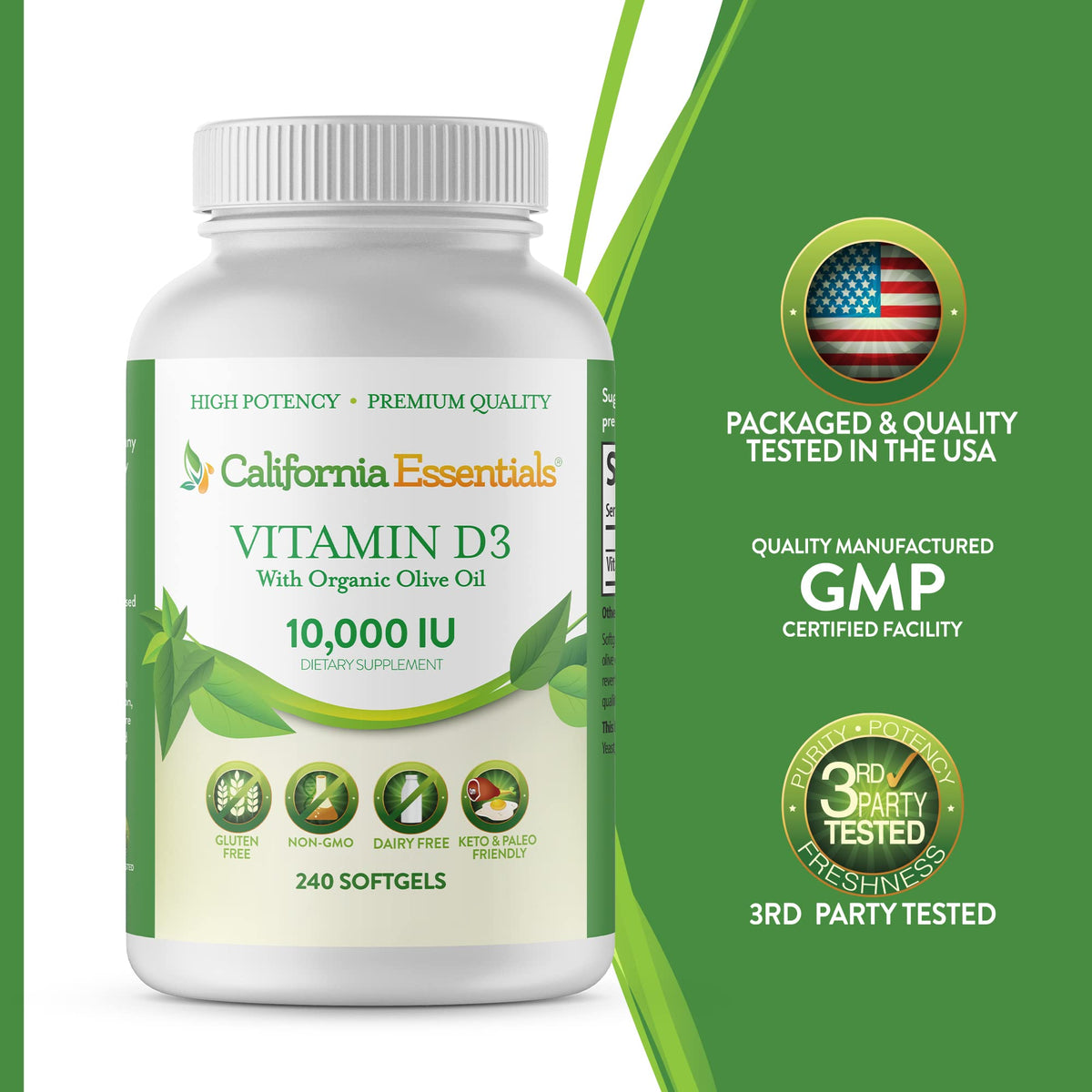 California Essentials Vitamin D3 10000 IU Softgels with Organic Olive Oil - Immune & Bone Support