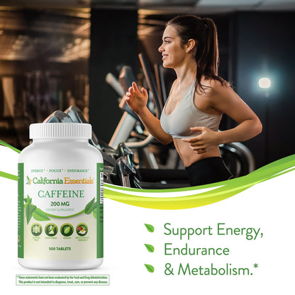 California Essentials Caffeine Pills 200mg Tablets - Energy, Focus & Endurance Support