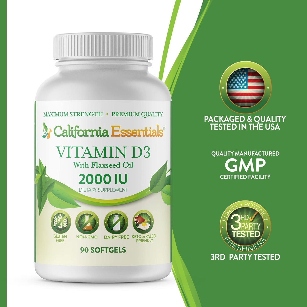 California Essentials Vitamin D3 2000 IU Softgels with Flaxseed Oil - Immune & Bone Support