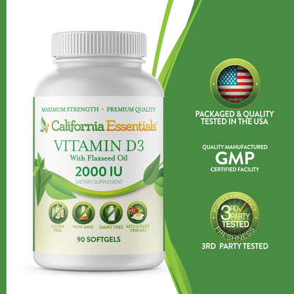 California Essentials Vitamin D3 2000 IU Softgels with Flaxseed Oil - Immune & Bone Support