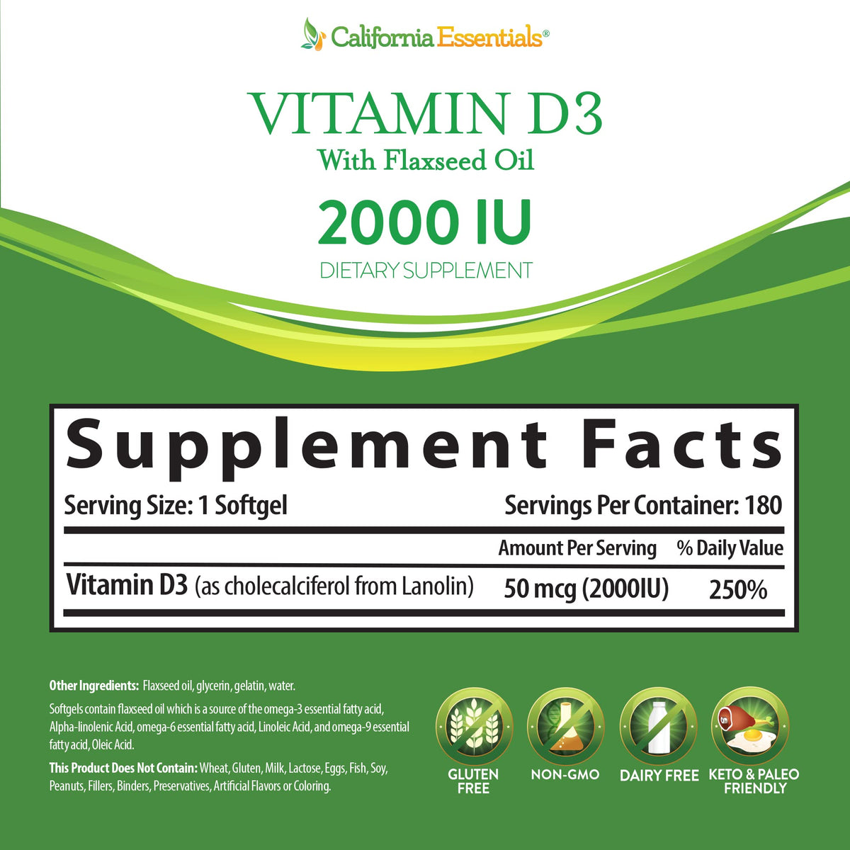 California Essentials Vitamin D3 2000 IU Softgels with Flaxseed Oil - Immune & Bone Support