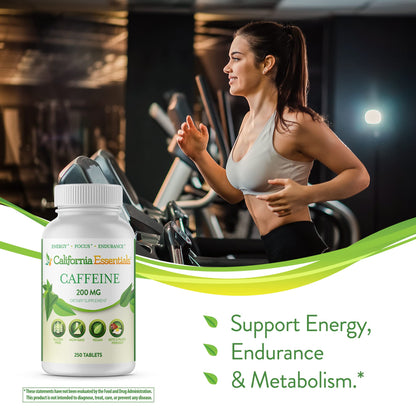 California Essentials Caffeine Pills 200mg Tablets - Energy, Focus & Endurance Support