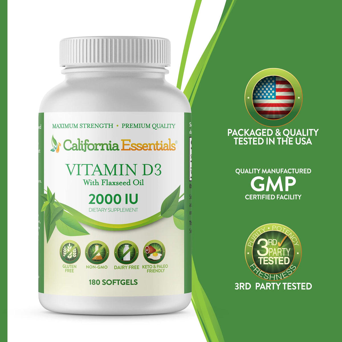 California Essentials Vitamin D3 2000 IU Softgels with Flaxseed Oil - Immune & Bone Support