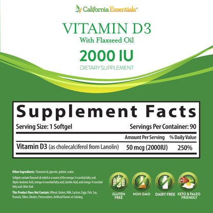 California Essentials Vitamin D3 2000 IU Softgels with Flaxseed Oil - Immune & Bone Support