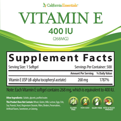 California Essentials Vitamin E 400 IU (268mg) Softgels - Gluten Free, Non-GMO