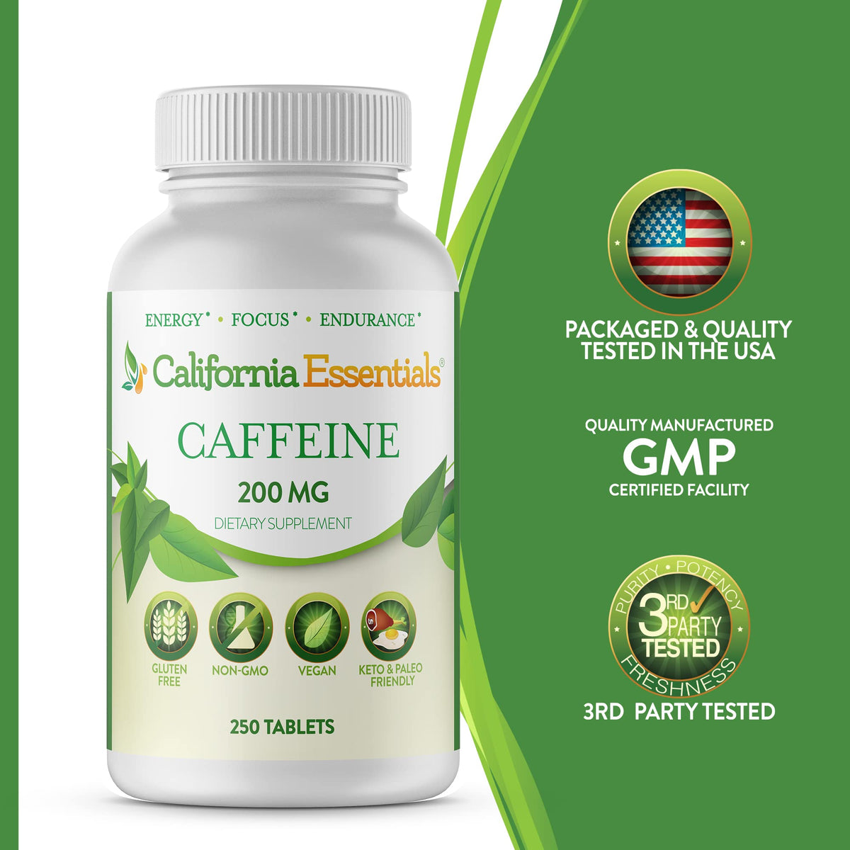 California Essentials Caffeine Pills 200mg Tablets - Energy, Focus & Endurance Support