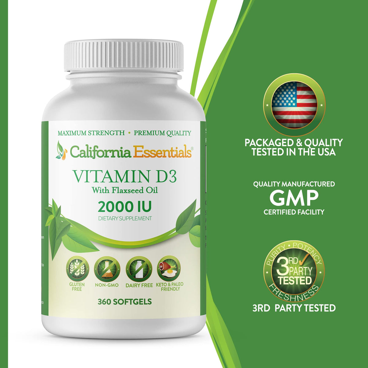 California Essentials Vitamin D3 2000 IU Softgels with Flaxseed Oil - Immune & Bone Support