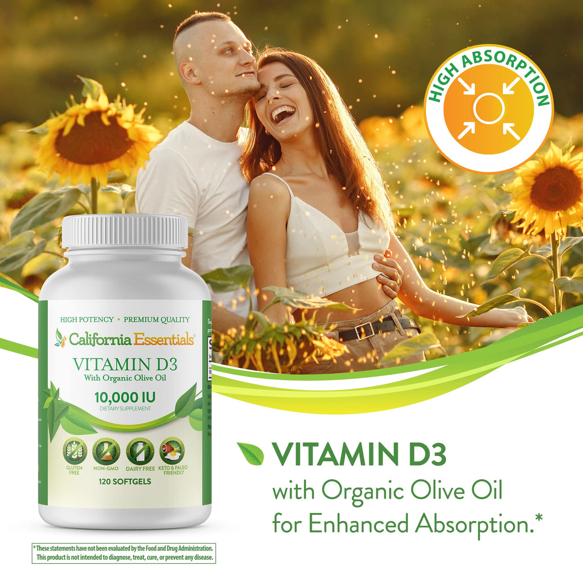 California Essentials Vitamin D3 10000 IU Softgels with Organic Olive Oil - Immune & Bone Support