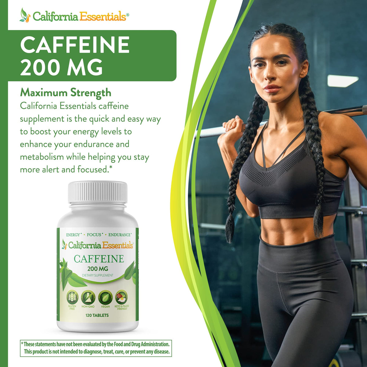 California Essentials Caffeine Pills 200mg Tablets - Energy, Focus & Endurance Support