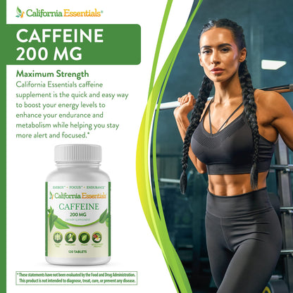 California Essentials Caffeine Pills 200mg Tablets - Energy, Focus & Endurance Support