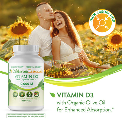 California Essentials Vitamin D3 10000 IU Softgels with Organic Olive Oil - Immune & Bone Support