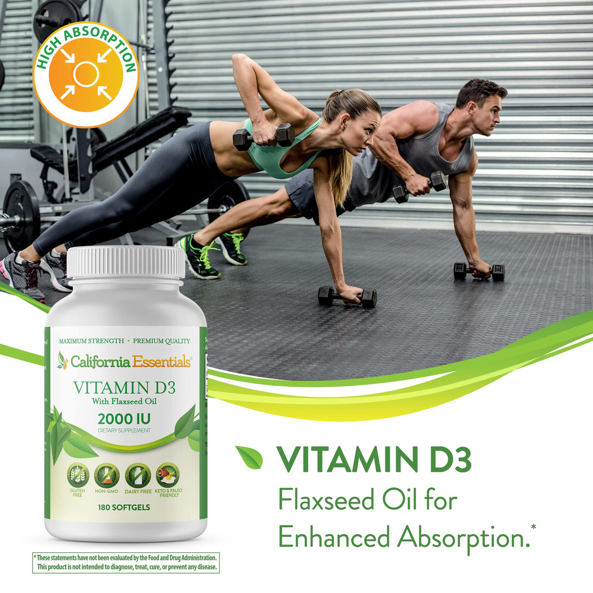California Essentials Vitamin D3 2000 IU Softgels with Flaxseed Oil - Immune & Bone Support