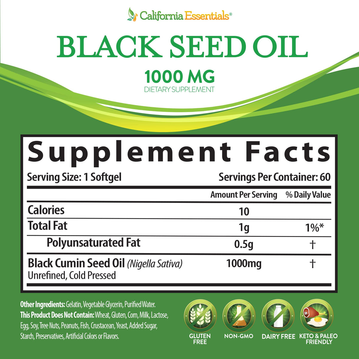 California Essentials Black Seed Oil 1000mg Softgels - Cold Pressed Nigella Sativa - Antioxidant & Immune Support