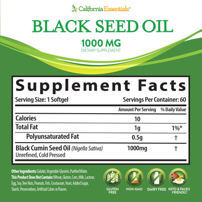 California Essentials Black Seed Oil 1000mg Softgels - Cold Pressed Nigella Sativa - Antioxidant & Immune Support