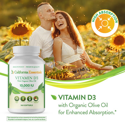 California Essentials Vitamin D3 10000 IU Softgels with Organic Olive Oil - Immune & Bone Support
