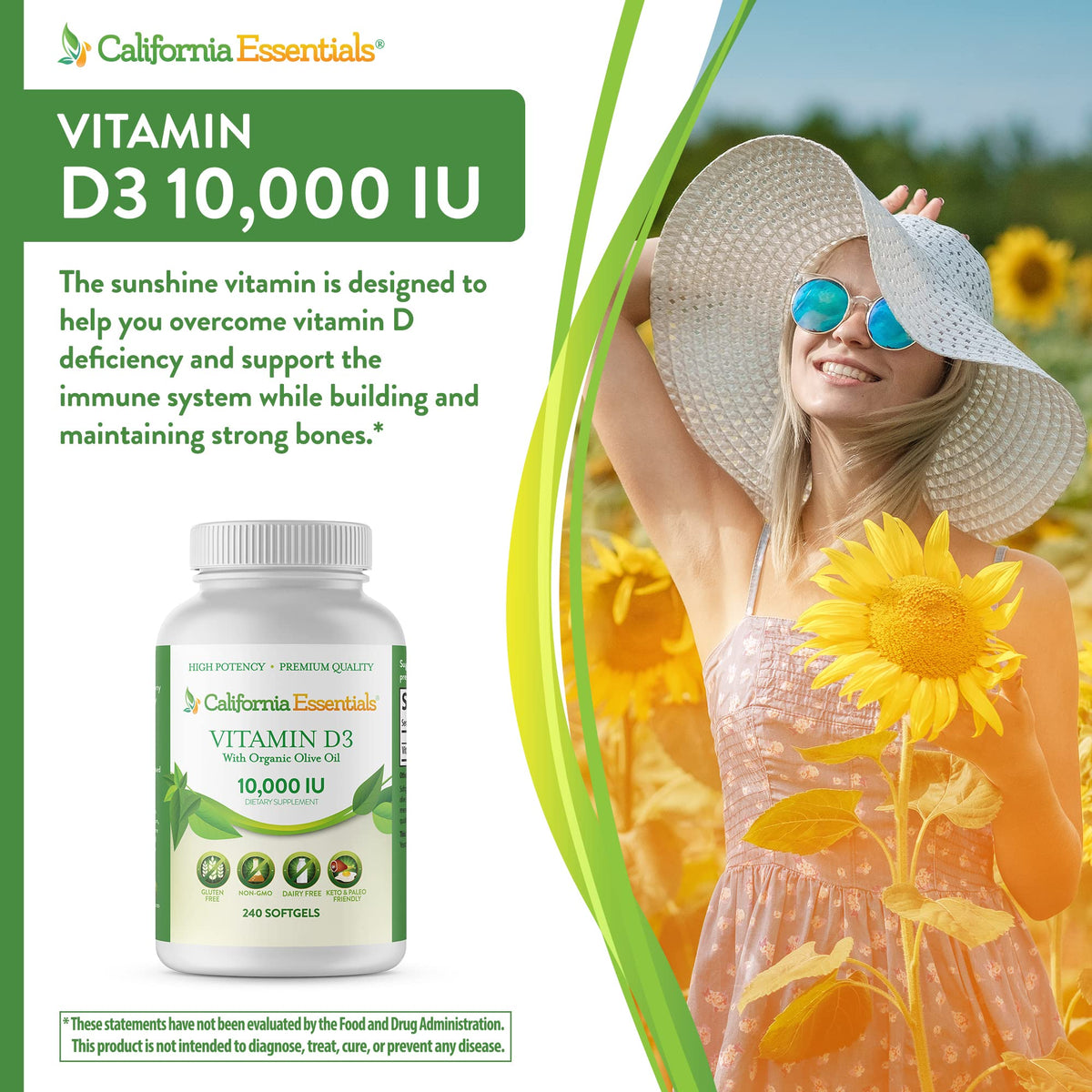 California Essentials Vitamin D3 10000 IU Softgels with Organic Olive Oil - Immune & Bone Support