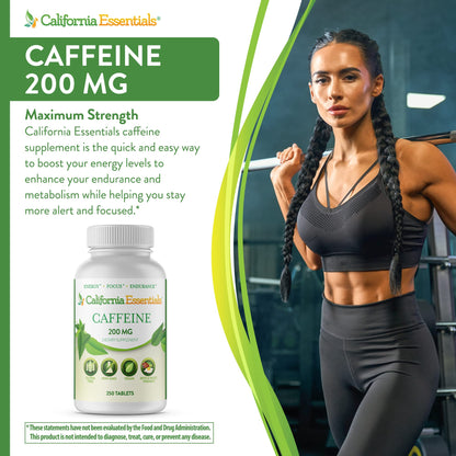 California Essentials Caffeine Pills 200mg Tablets - Energy, Focus & Endurance Support