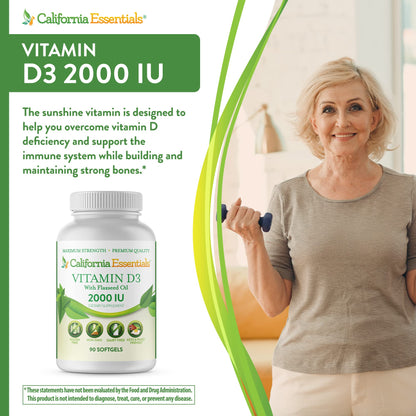 California Essentials Vitamin D3 2000 IU Softgels with Flaxseed Oil - Immune & Bone Support