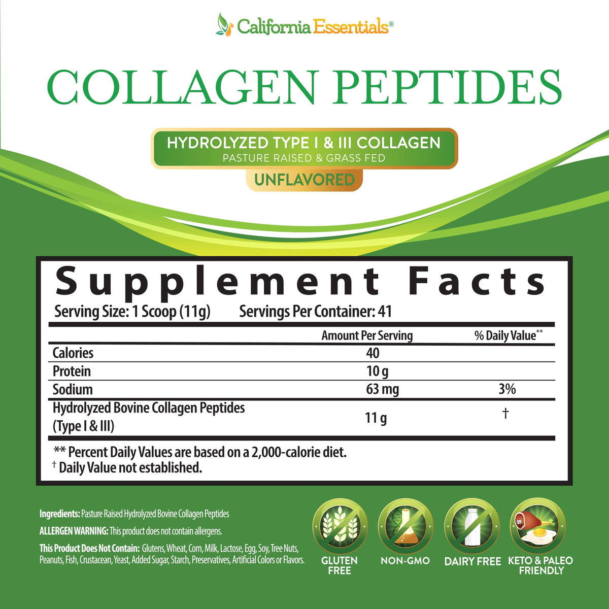 California Essentials Collagen Peptides Powder 16 oz - Hydrolyzed Type I & III, Grass-Fed, Unflavored