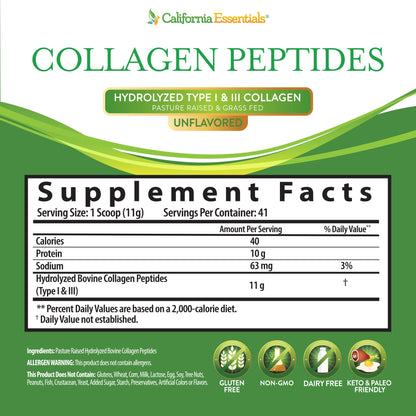 California Essentials Collagen Peptides Powder 16 oz - Hydrolyzed Type I & III, Grass-Fed, Unflavored