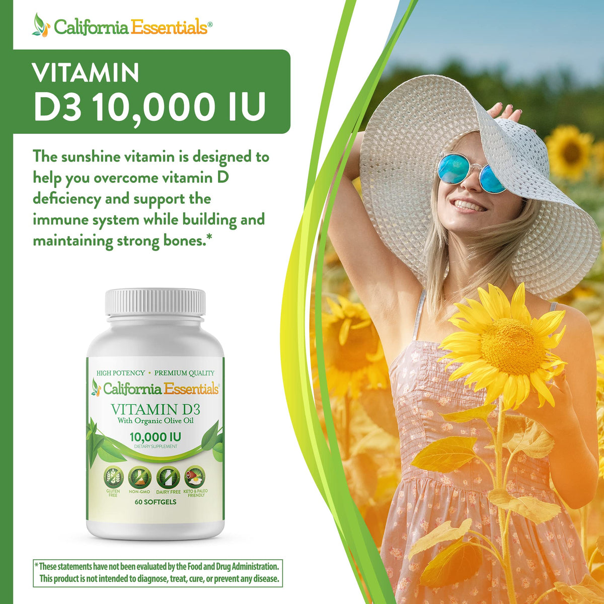 California Essentials Vitamin D3 10000 IU Softgels with Organic Olive Oil - Immune & Bone Support