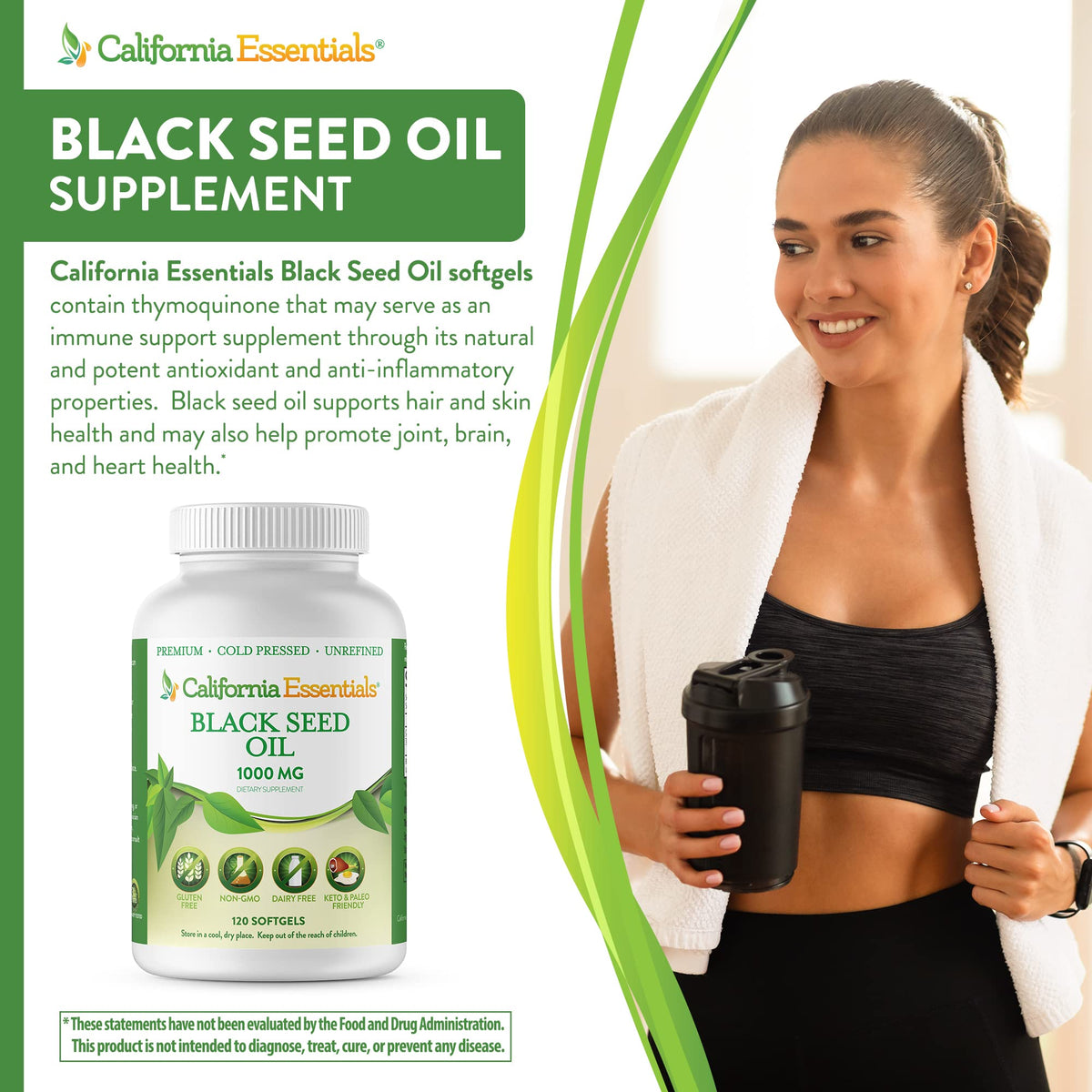 California Essentials Black Seed Oil 1000mg Softgels - Cold Pressed Nigella Sativa - Antioxidant & Immune Support