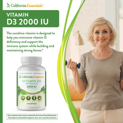 California Essentials Vitamin D3 2000 IU Softgels with Flaxseed Oil - Immune & Bone Support