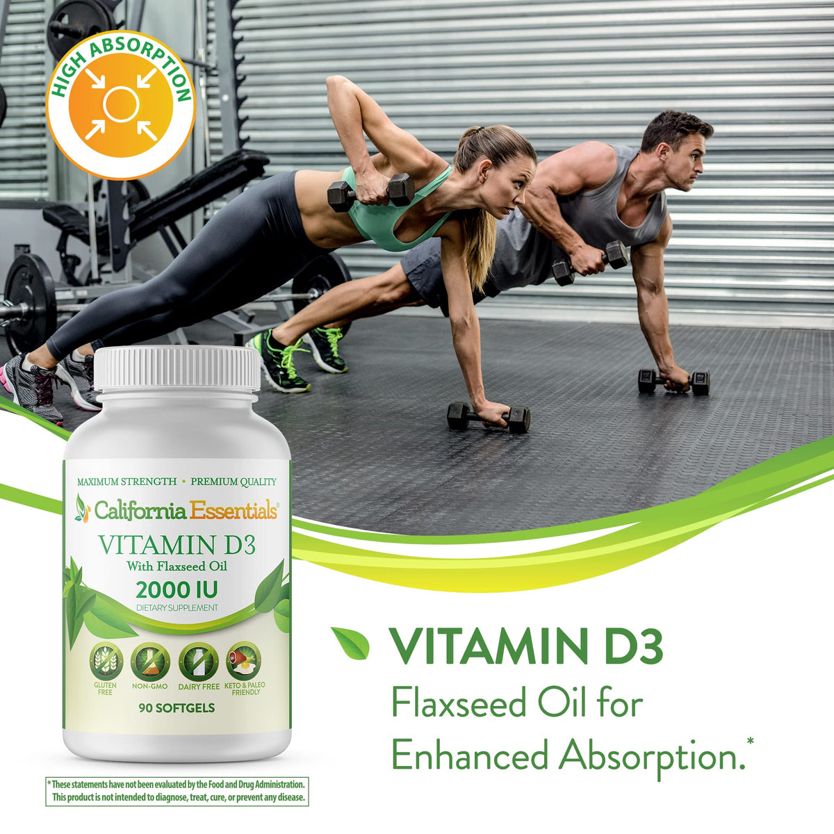 California Essentials Vitamin D3 2000 IU Softgels with Flaxseed Oil - Immune & Bone Support