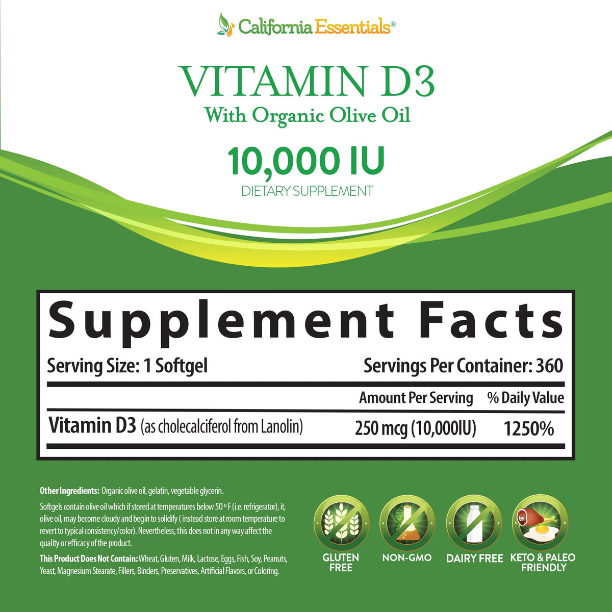 California Essentials Vitamin D3 10000 IU Softgels with Organic Olive Oil - Immune & Bone Support