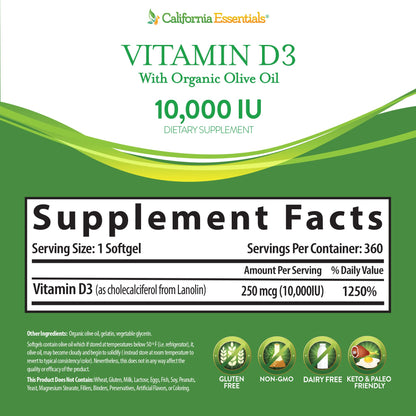California Essentials Vitamin D3 10000 IU Softgels with Organic Olive Oil - Immune & Bone Support