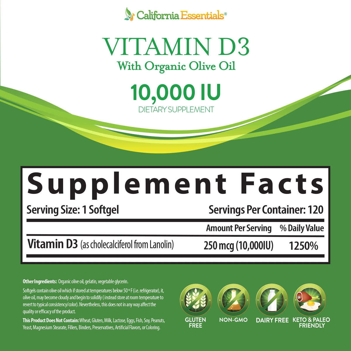 California Essentials Vitamin D3 10000 IU Softgels with Organic Olive Oil - Immune & Bone Support