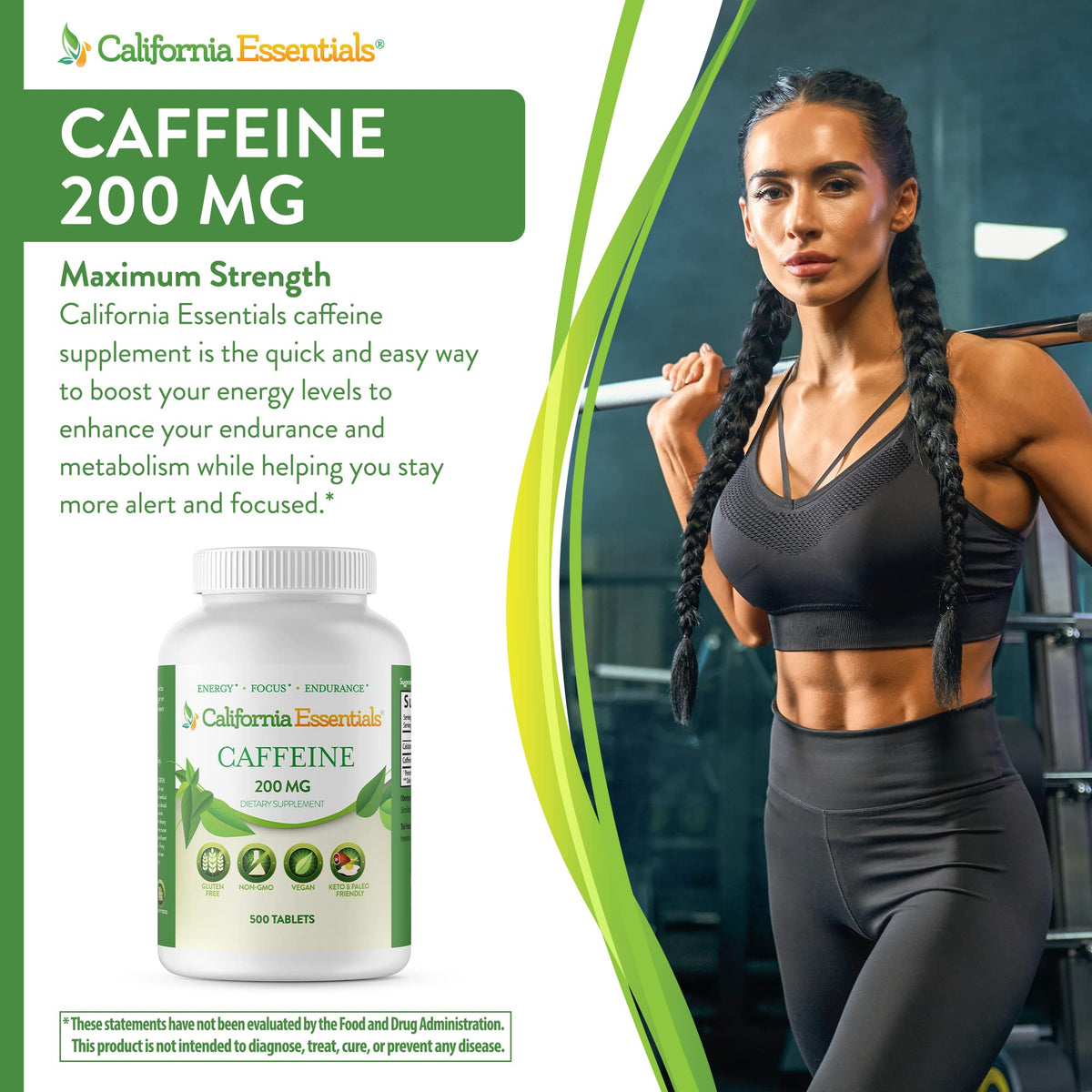California Essentials Caffeine Pills 200mg Tablets - Energy, Focus & Endurance Support