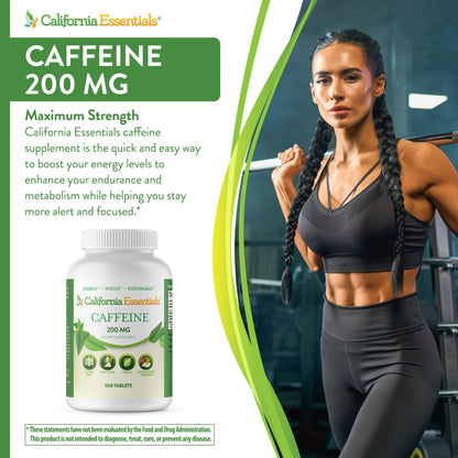 California Essentials Caffeine Pills 200mg Tablets - Energy, Focus & Endurance Support