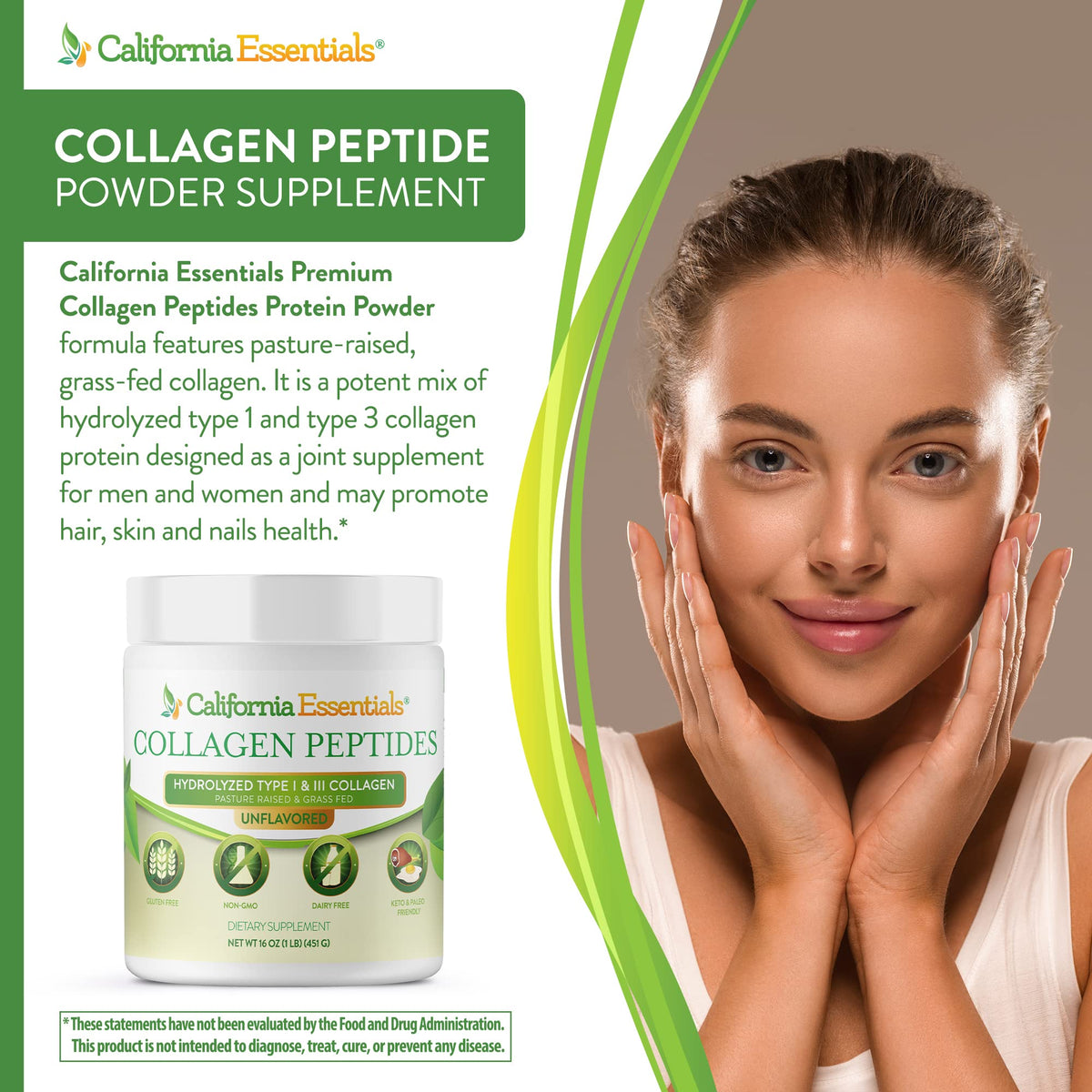 California Essentials Collagen Peptides Powder 16 oz - Hydrolyzed Type I & III, Grass-Fed, Unflavored