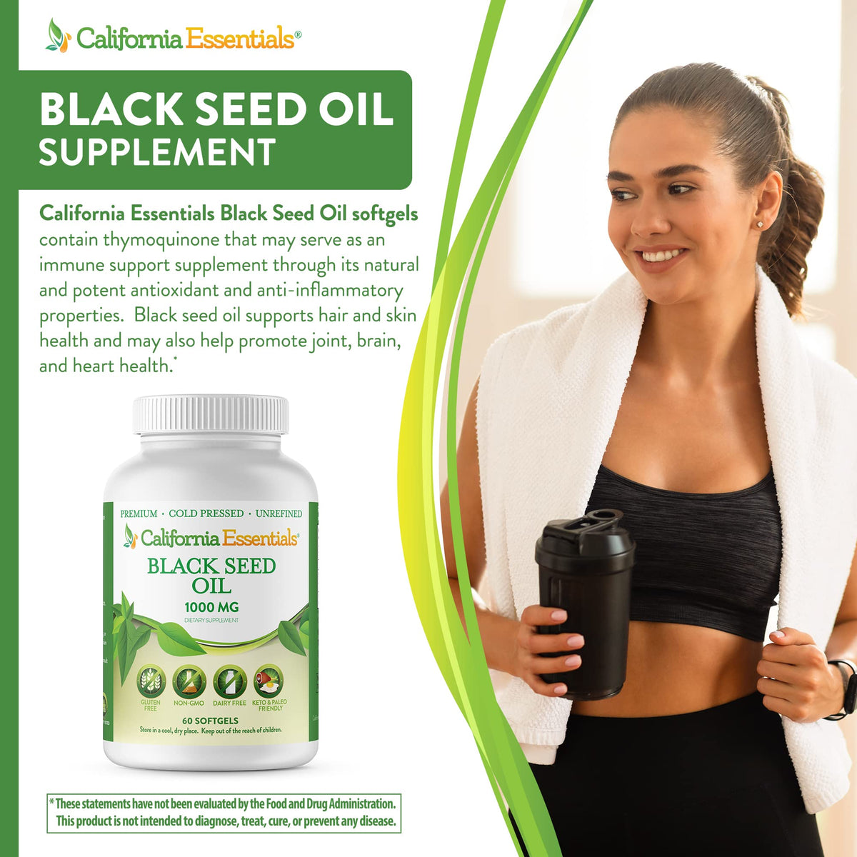 California Essentials Black Seed Oil 1000mg Softgels - Cold Pressed Nigella Sativa - Antioxidant & Immune Support
