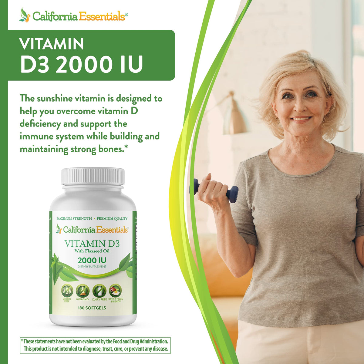 California Essentials Vitamin D3 2000 IU Softgels with Flaxseed Oil - Immune & Bone Support